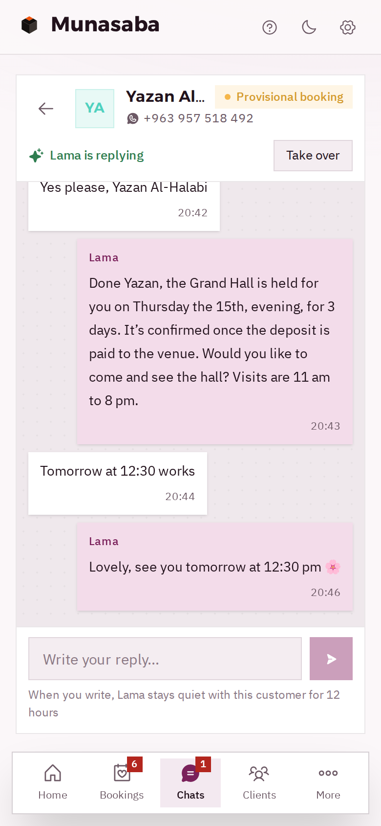 A chat on a phone: Lama holds the Grand Hall on Thursday evening and books a visit to see the hall