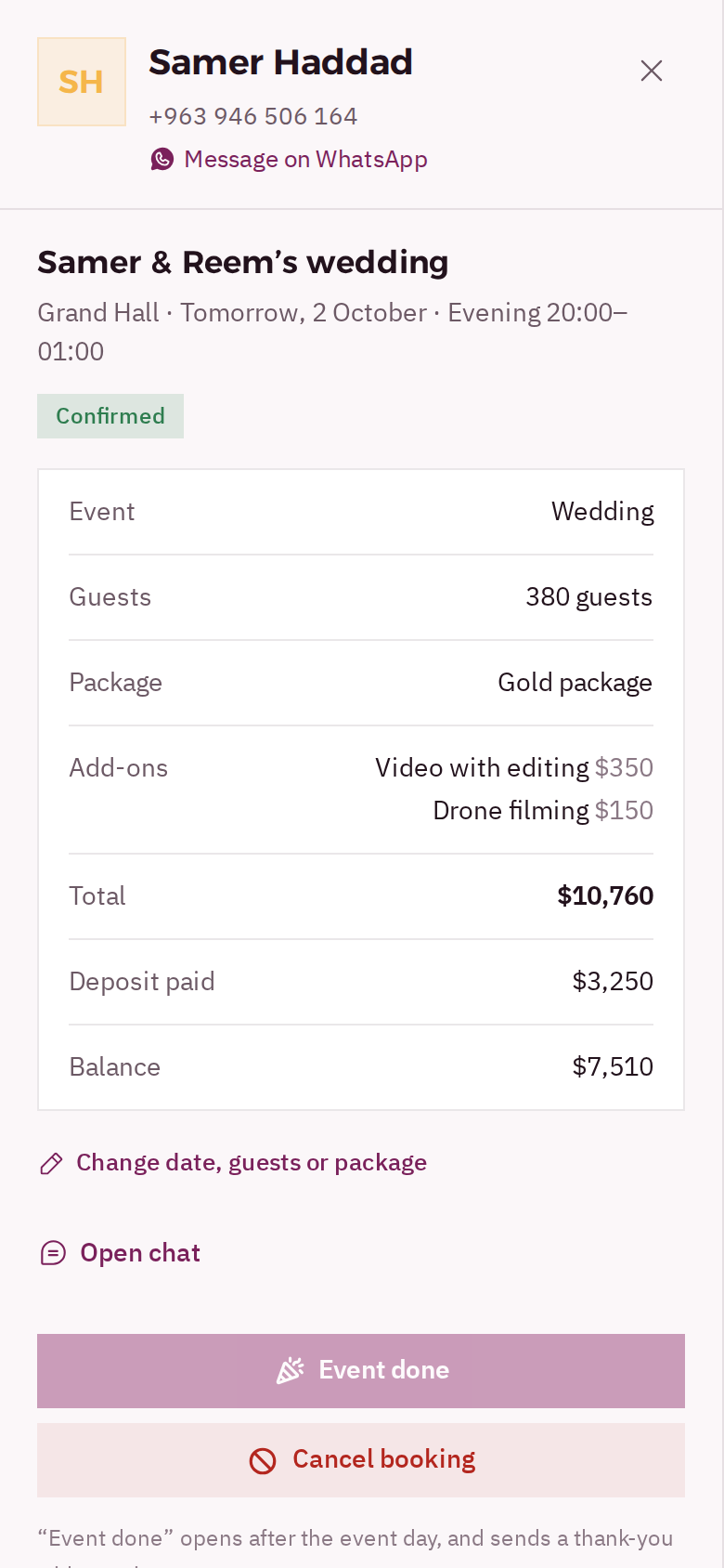 A confirmed wedding on a phone: 380 guests, Gold package, two add-ons, total $10,760, deposit paid and balance