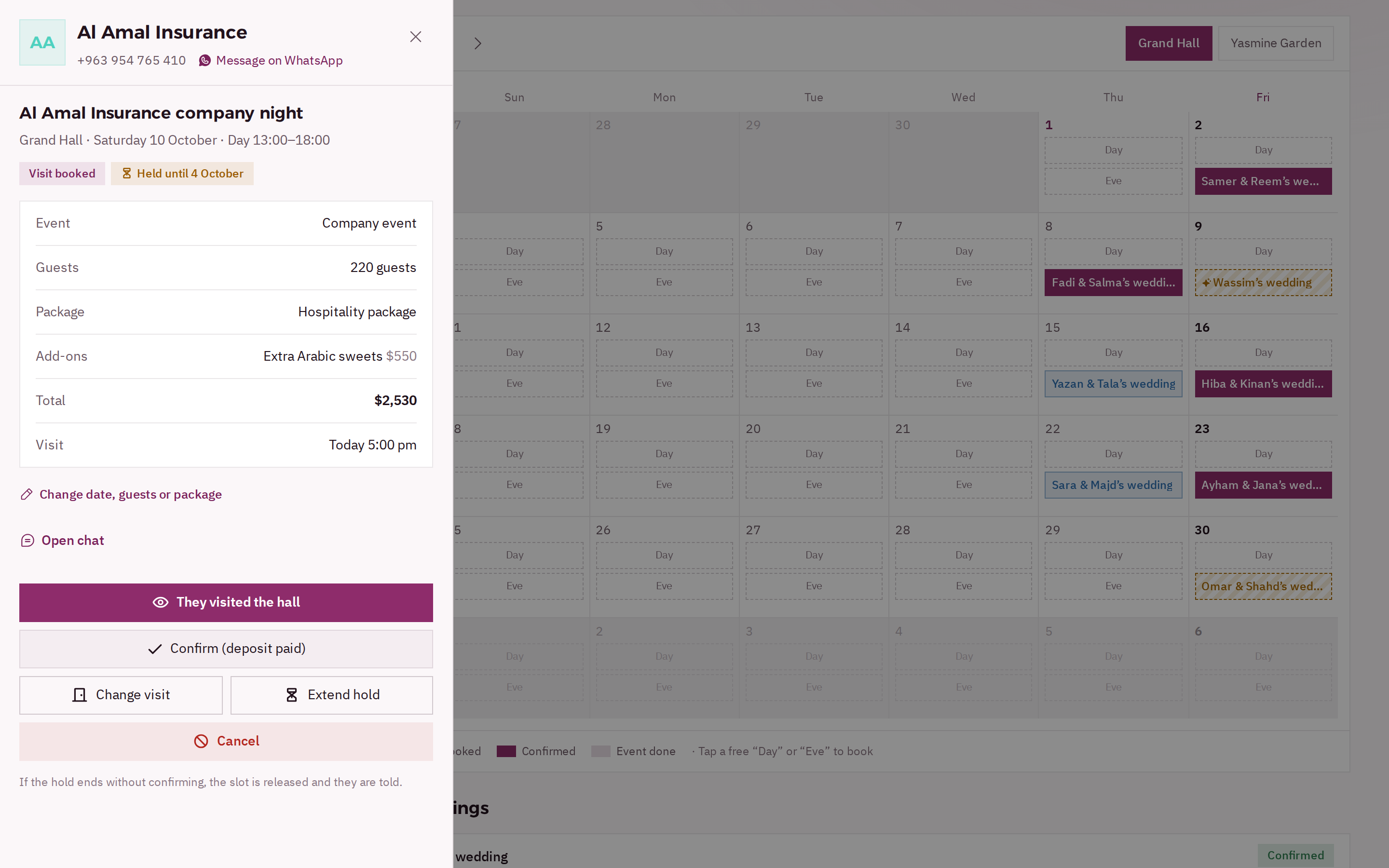 A booking opened over the Grand Hall’s month: a company night, 220 guests, hospitality package with an add-on, the total, a visit today at 5 pm, and buttons for They visited, Confirm and Extend hold