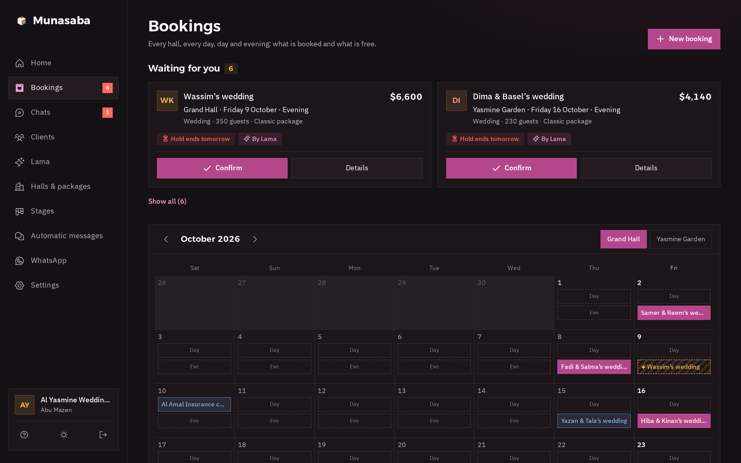 The bookings page in dark mode