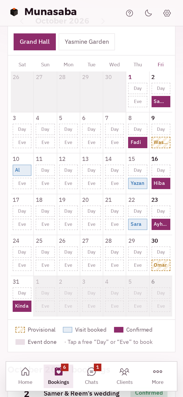 The Grand Hall’s month on a phone, a Day and Eve slot each day, bookings coloured by status