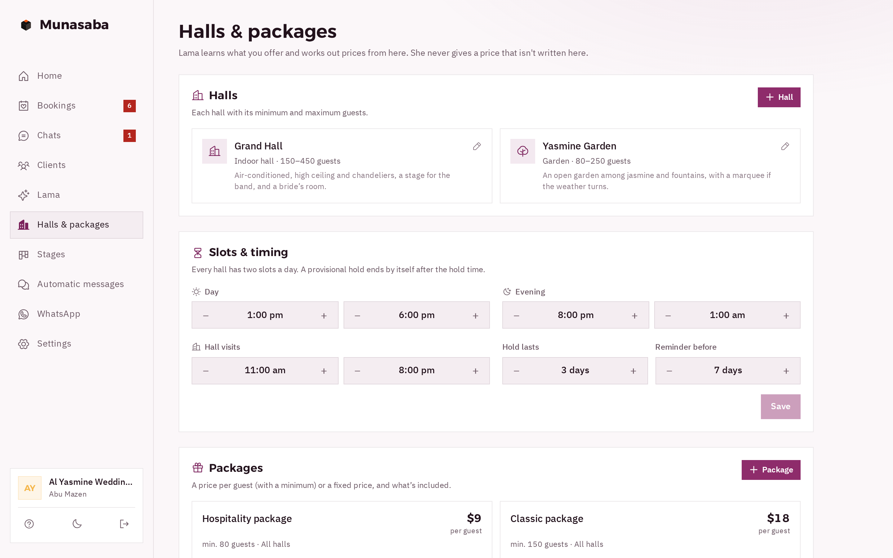 The Halls & packages page: Grand Hall 150–450 guests and Yasmine Garden 80–250, day, evening and visiting times, the hold length, and packages priced per guest
